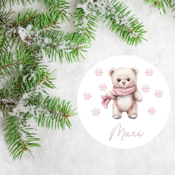 Joulukoriste tarra omalla nimellä vaaleanpunainen nalle