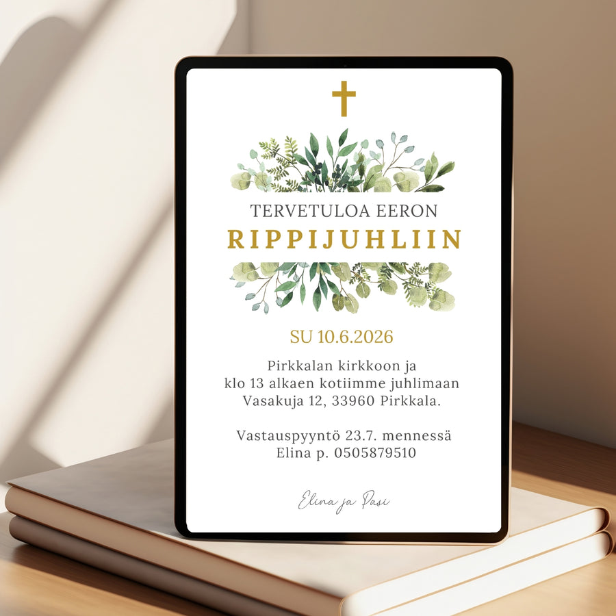 Digitaalinen kutsukortti rippijuhliin eukalyptus ja risti