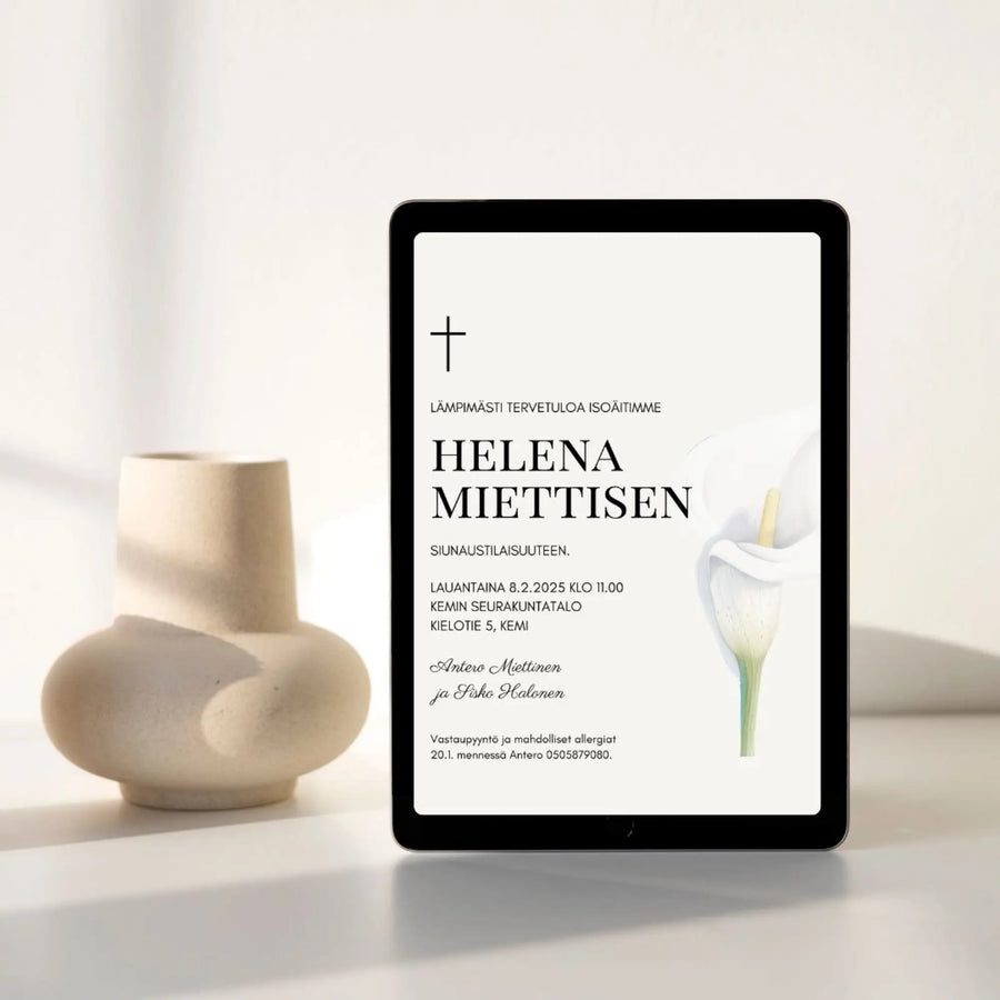 Digitaalinen hautajaiskutsu - kalla Decopaja - Decopaja.fi