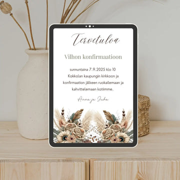 Digitaalinen kutsukortti rippijuhliin beige sulkia Decopaja ja kukkia