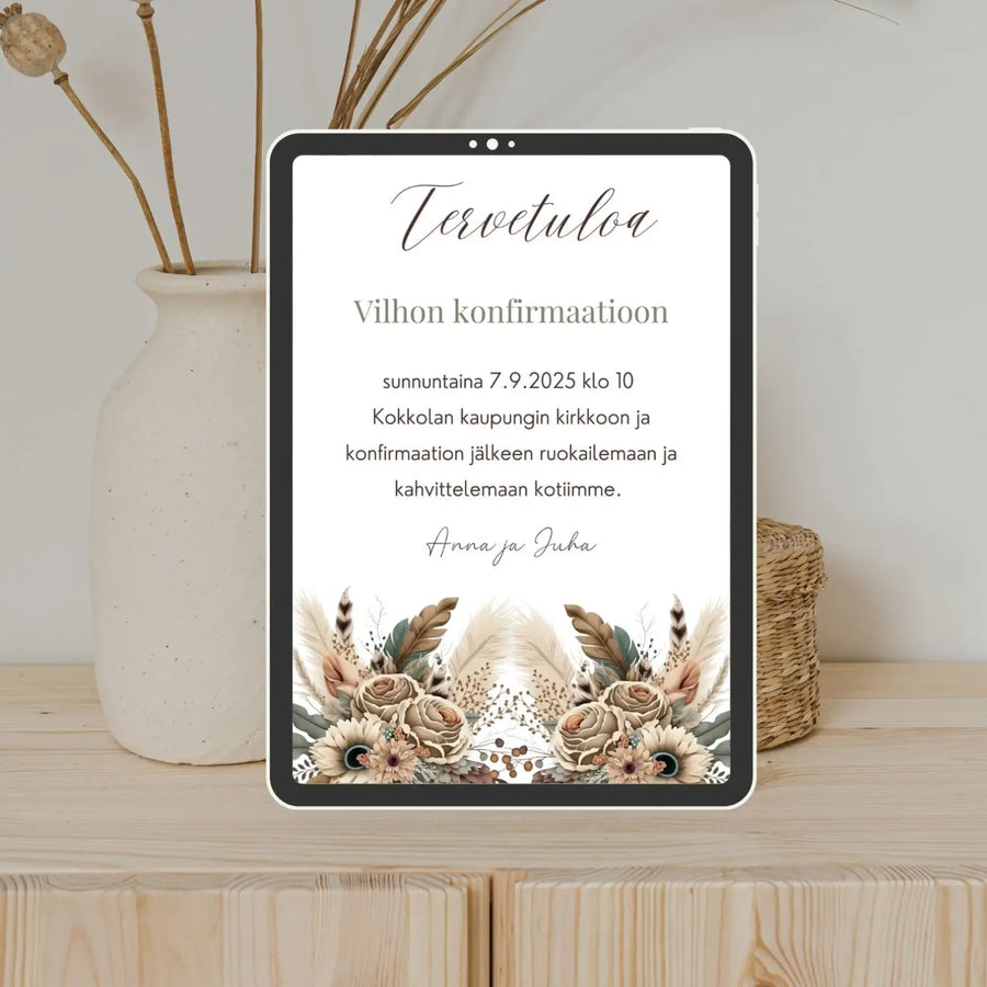 Digitaalinen kutsukortti rippijuhliin beige sulkia Decopaja ja kukkia