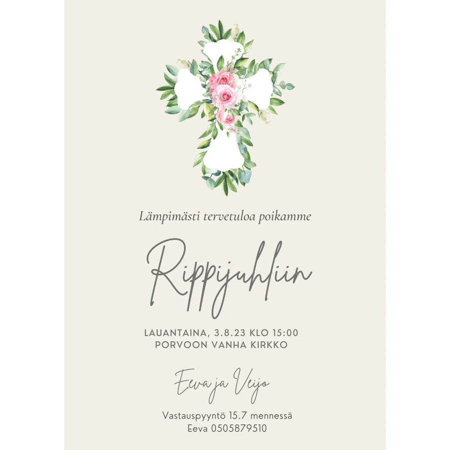Digitaalinen kutsukortti rippijuhliin beige tausta kukallinen risti Decopaja