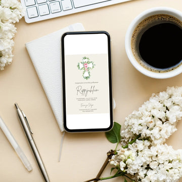 Digitaalinen kutsukortti rippijuhliin beige tausta kukallinen risti Decopaja