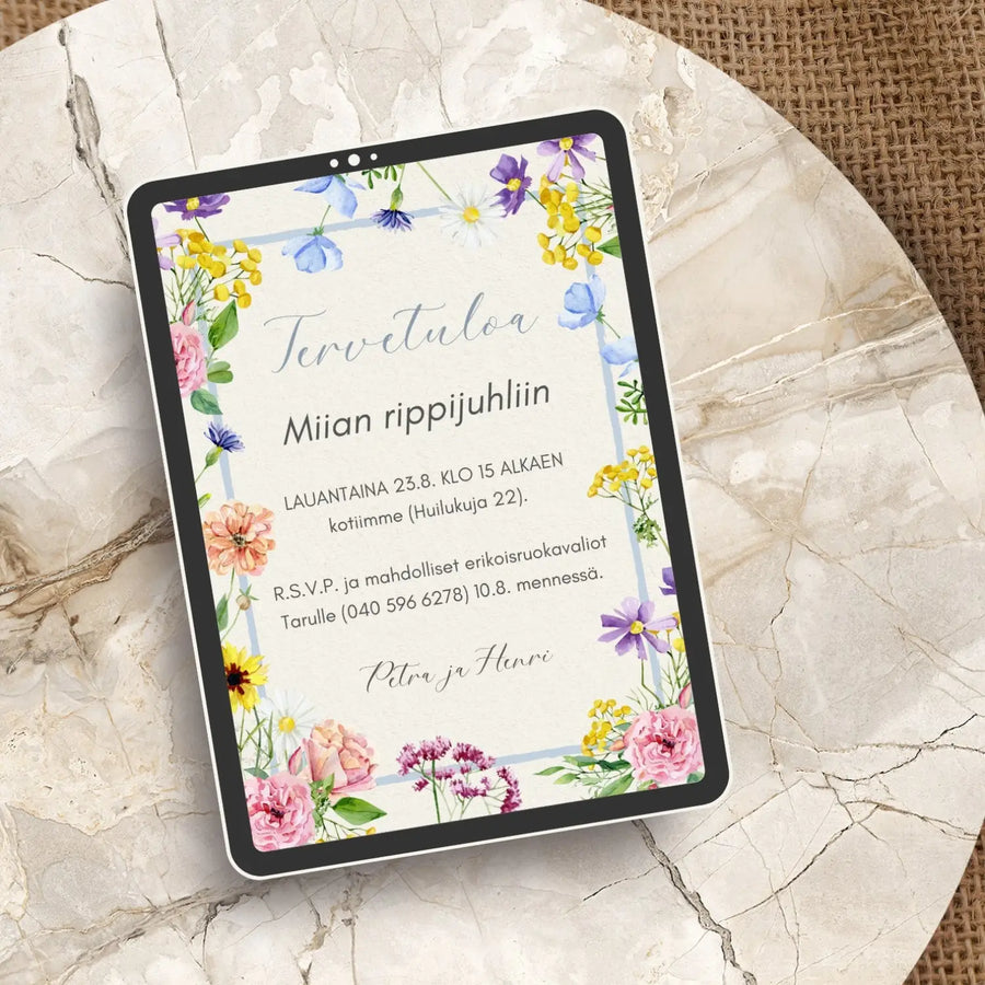 Digitaalinen kutsukortti rippijuhliin beige tausta kukkia Decopaja vesiväri