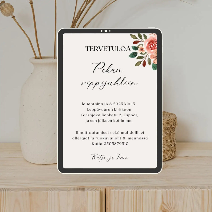 Digitaalinen kutsukortti rippijuhliin beige tausta punaisia kukkia Decopaja valkoinen risti