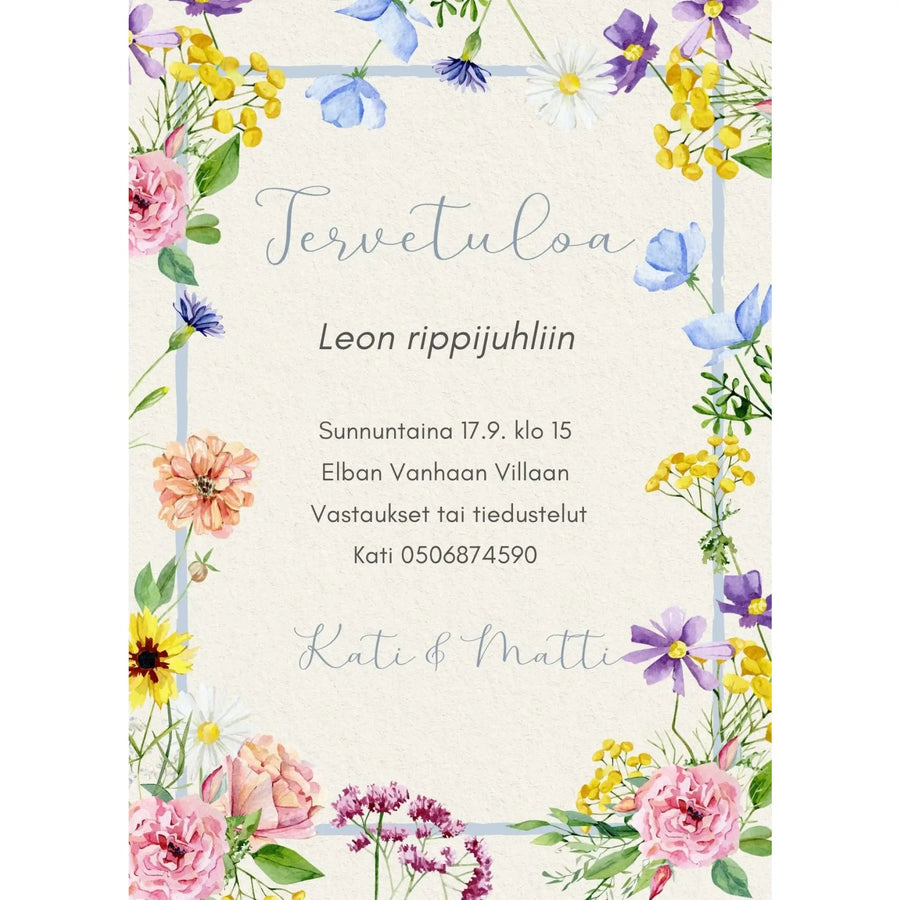 Digitaalinen kutsukortti rippijuhliin beige tausta vesiväri kukkia Decopaja