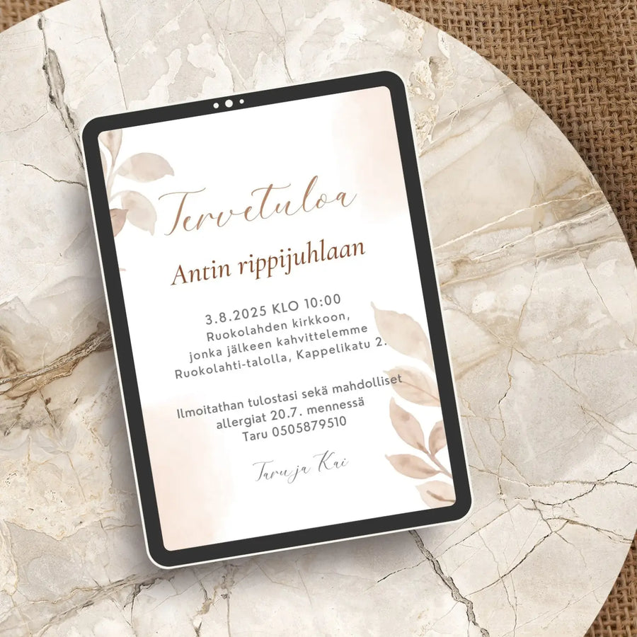 Digitaalinen kutsukortti rippijuhliin beiget lehdet Decopaja