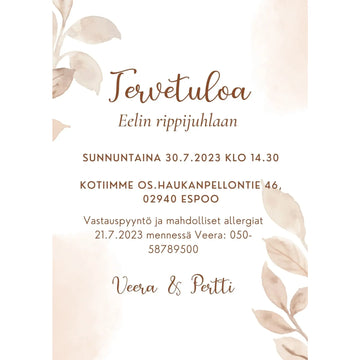 Digitaalinen kutsukortti rippijuhliin beiget lehdet vesiväreillä Decopaja