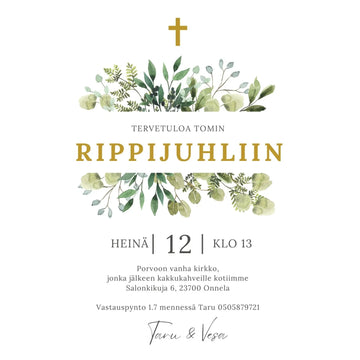 Digitaalinen kutsukortti rippijuhliin eukalyptus kehys ja kultainen risti Decopaja
