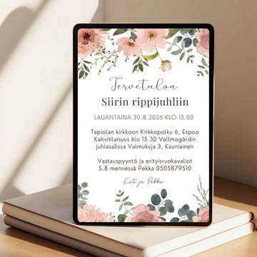 Digitaalinen kutsukortti rippijuhliin hempeä kukkakehys Decopaja vaaleanpunainen