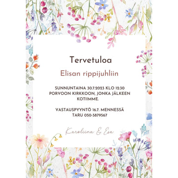 Digitaalinen kutsukortti rippijuhliin hempeä pastellinen vesiväri kukkakehys Decopaja