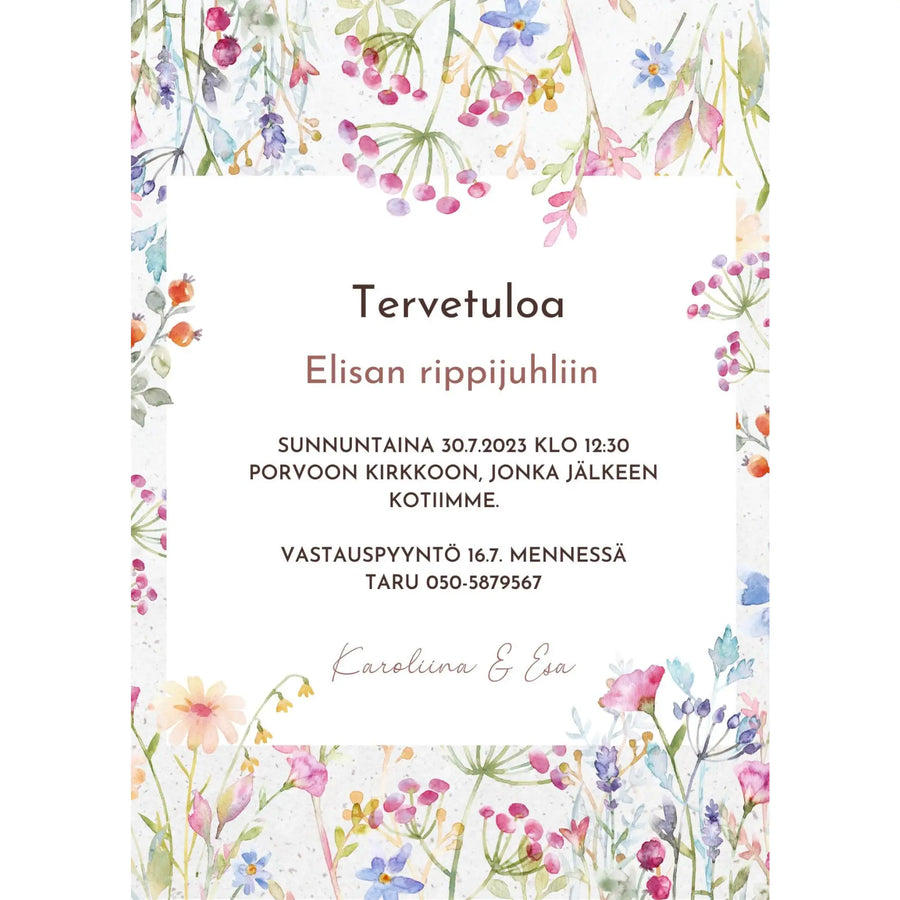 Digitaalinen kutsukortti rippijuhliin hempeä pastellinen vesiväri kukkakehys Decopaja