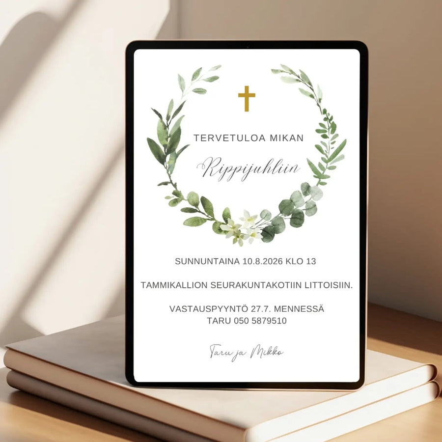 Digitaalinen kutsukortti rippijuhliin kehys ja risti Decopaja pyöreä eukalyptus kultainen