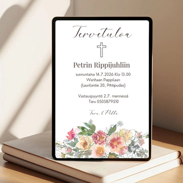 Digitaalinen kutsukortti rippijuhliin keltaisia kukkia Decopaja punaisia