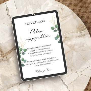 Digitaalinen kutsukortti rippijuhliin kultaisia lehtiä Decopaja kukkia