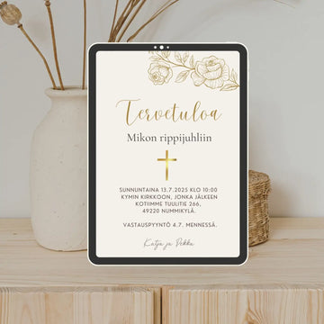 Digitaalinen kutsukortti rippijuhliin kultaisia ruusuja Decopaja