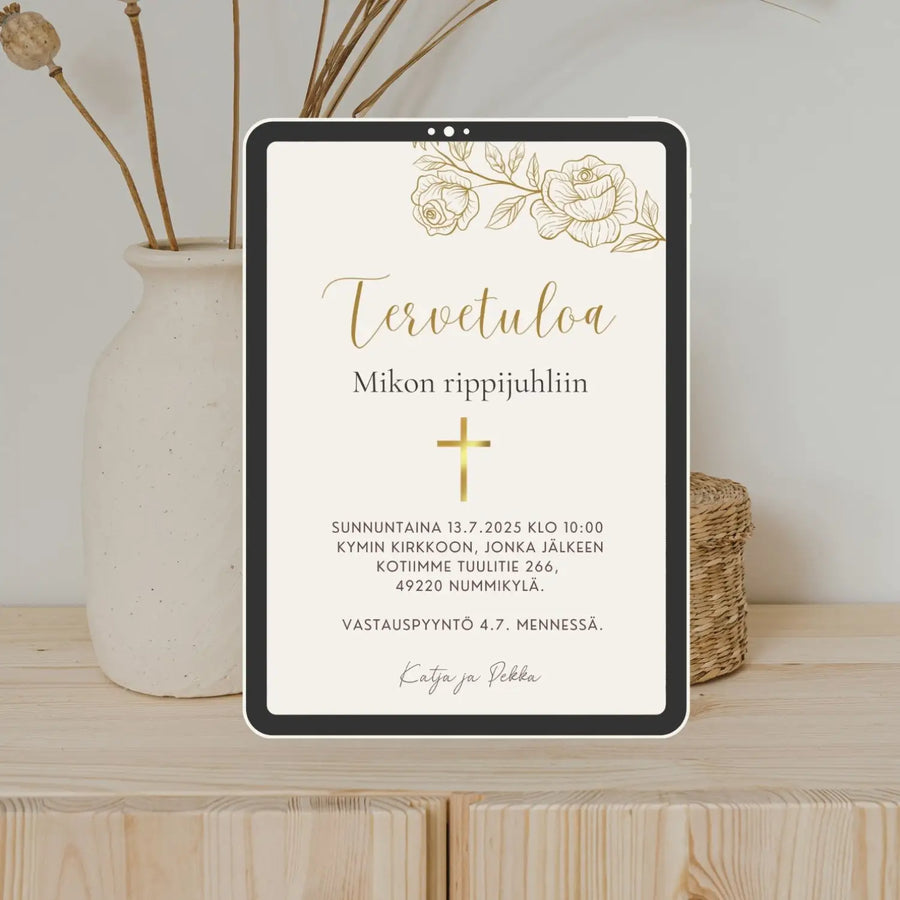 Digitaalinen kutsukortti rippijuhliin kultaisia ruusuja Decopaja