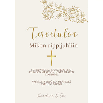 Digitaalinen kutsukortti rippijuhliin kultaisia ruusuja ja kultainen risti Decopaja