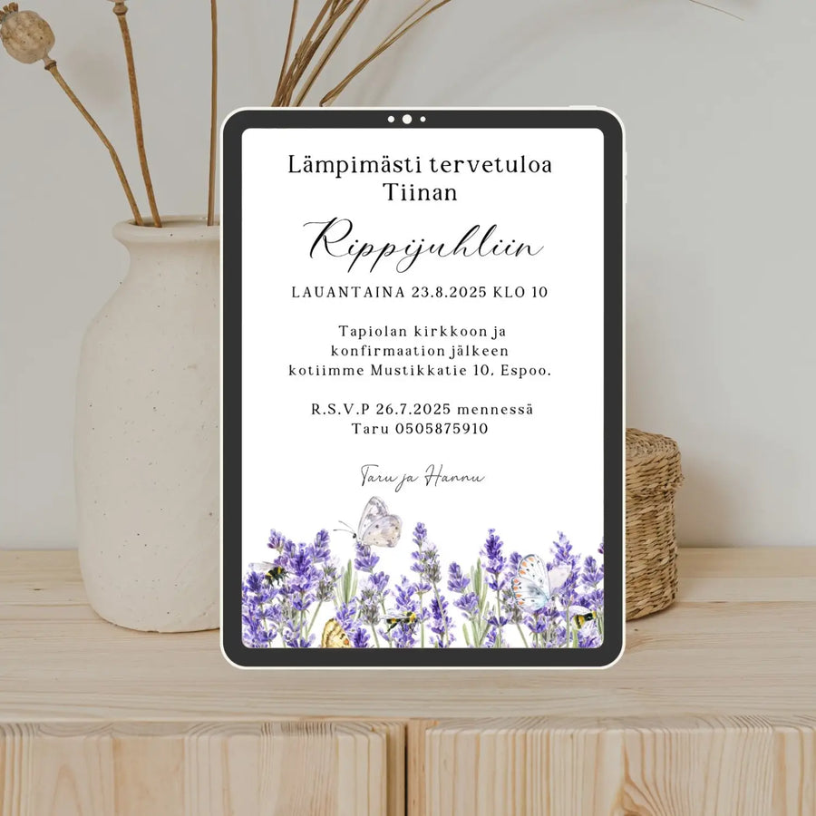 Digitaalinen kutsukortti rippijuhliin laventeli Decopaja liilat laventelin kukat