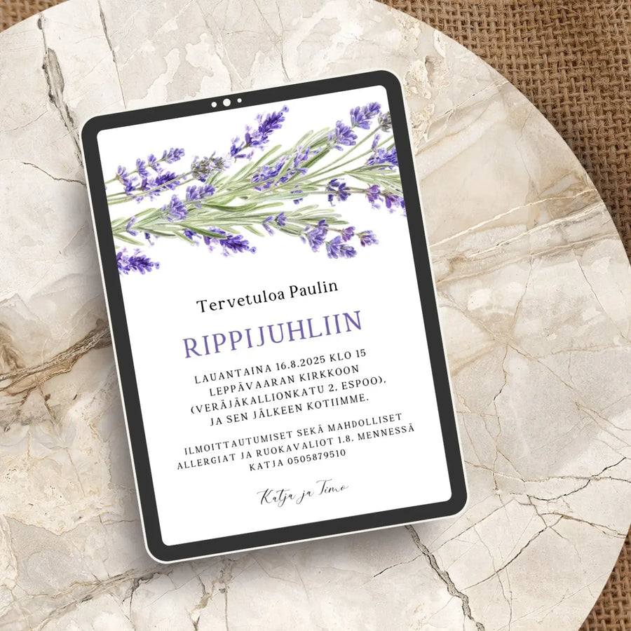 Digitaalinen kutsukortti rippijuhliin laventeli kukkareuna Decopaja liila