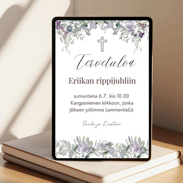 Digitaalinen kutsukortti rippijuhliin liila kukkakehys Decopaja