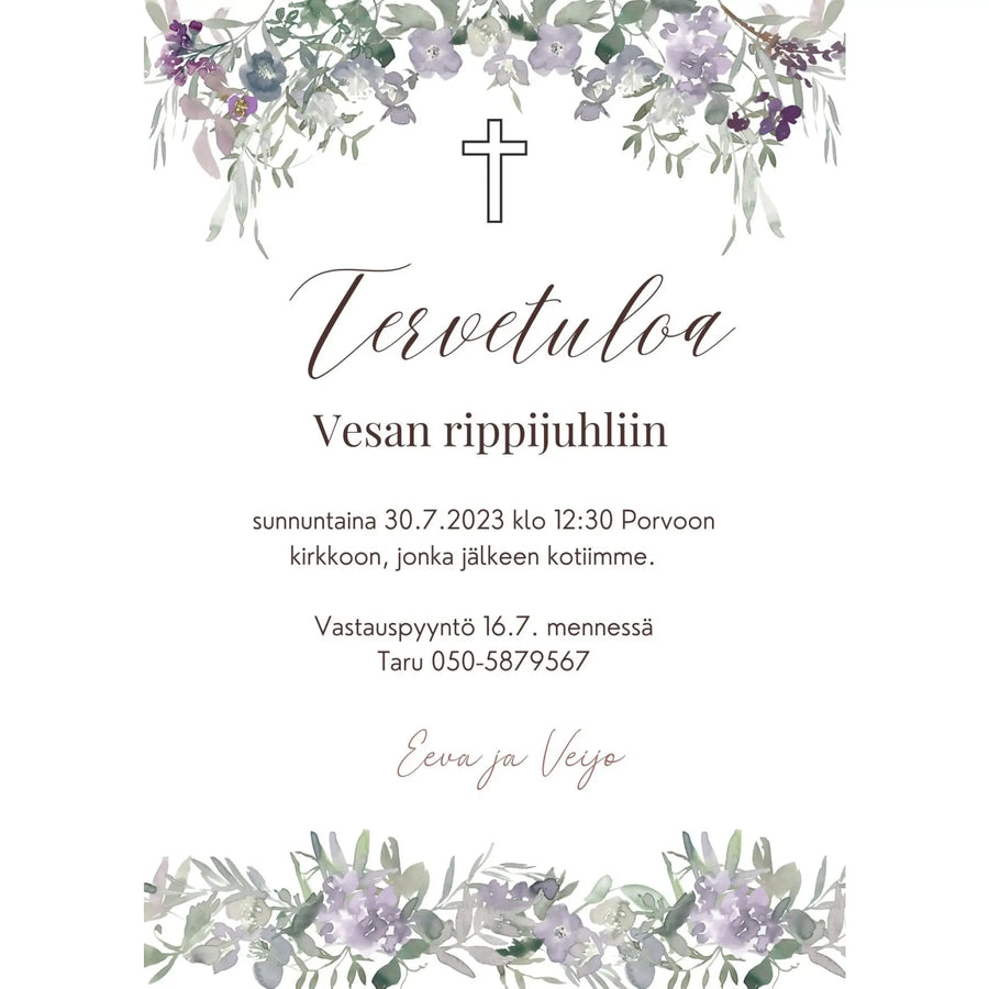 Digitaalinen kutsukortti rippijuhliin liila kukkakehys ja risti Decopaja