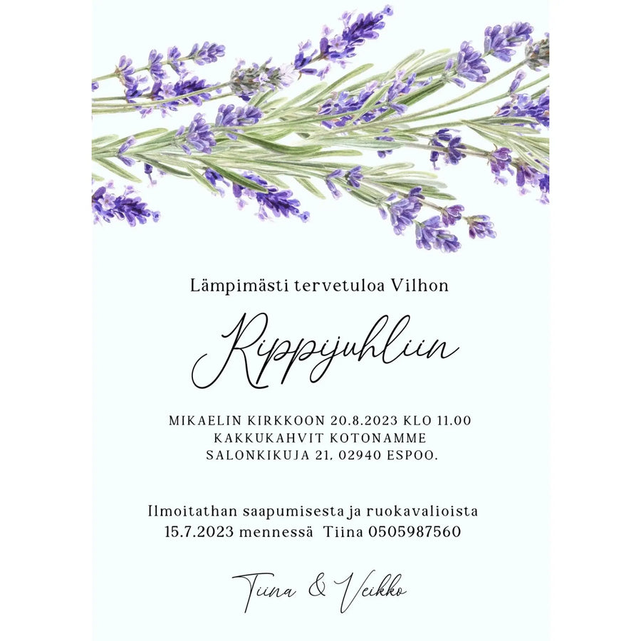 Digitaalinen kutsukortti rippijuhliin liila laventeli kukkareuna Decopaja