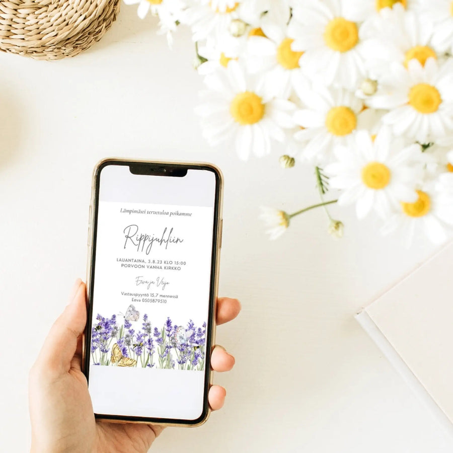 Digitaalinen kutsukortti rippijuhliin liilat laventelin kukat Decopaja