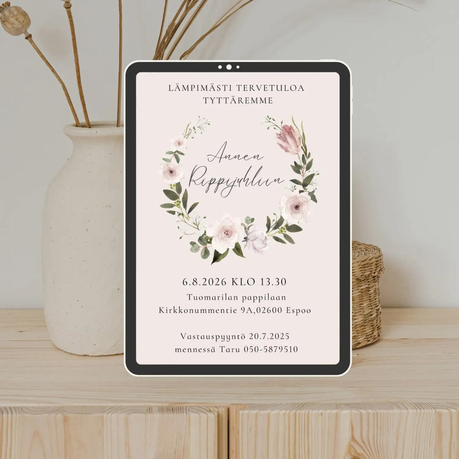Digitaalinen kutsukortti rippijuhliin pastellinen Decopaja pyöreä kukkakehys