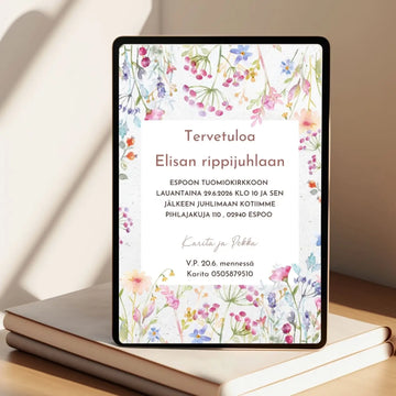 Digitaalinen kutsukortti rippijuhliin pastellinen vesiväri Decopaja hempeä