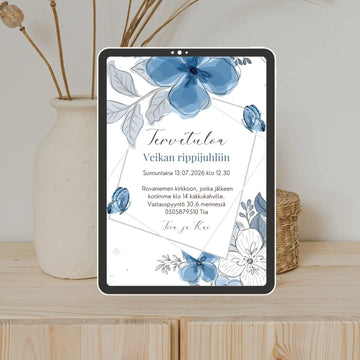 Digitaalinen kutsukortti rippijuhliin perhosia ja kukkia Decopaja sinisiä