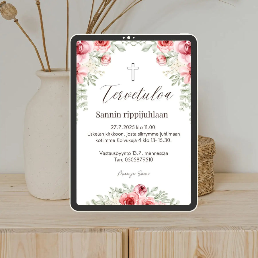 Digitaalinen kutsukortti rippijuhliin punaisia ruusuja Decopaja