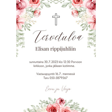 Digitaalinen kutsukortti rippijuhliin punaisia ruusuja ja vihreitä lehtiä Decopaja