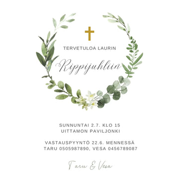 Digitaalinen kutsukortti rippijuhliin pyöreä eukalyptus kehys ja kultainen risti Decopaja