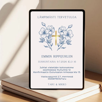 Digitaalinen kutsukortti rippijuhliin sinisiä kukkia Decopaja
