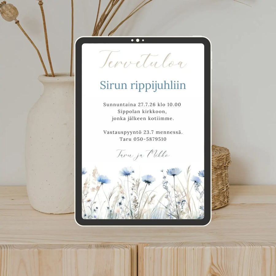 Digitaalinen kutsukortti rippijuhliin sinisiä niittykukkia Decopaja