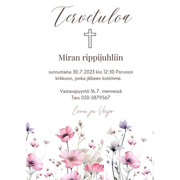 Digitaalinen kutsukortti rippijuhliin vaaleanpunaisia ja liiloja vesiväri kukkia Decopaja