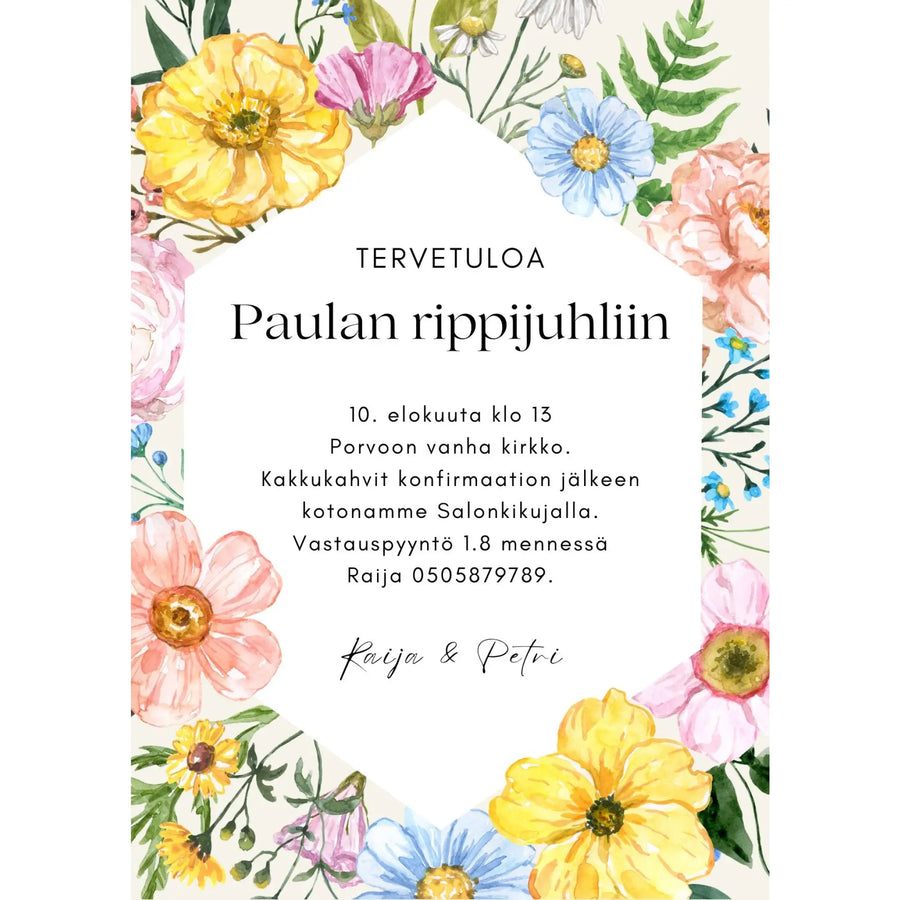 Digitaalinen kutsukortti rippijuhliin värikkäitä isoja kukkia kehyksessä Decopaja