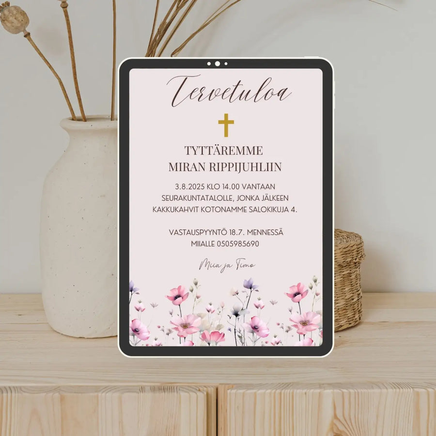 Digitaalinen kutsukortti rippijuhliin vesivärikukkia Decopaja vaaleanpunaisia ja liiloja