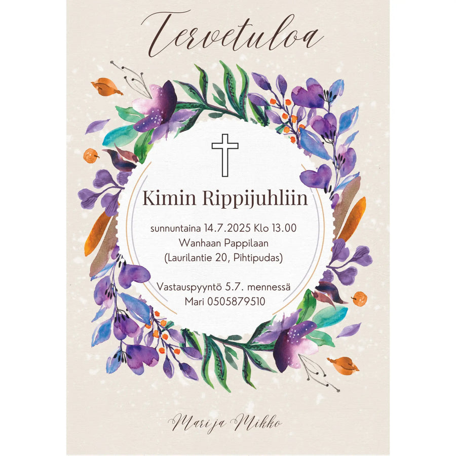Digitaalinen kutsukortti rippijuhliin vihreä liila ja sininen Decopaja