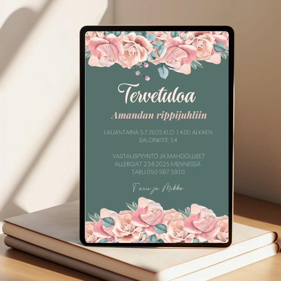 Digitaalinen kutsukortti rippijuhliin vihreä tausta Decopaja