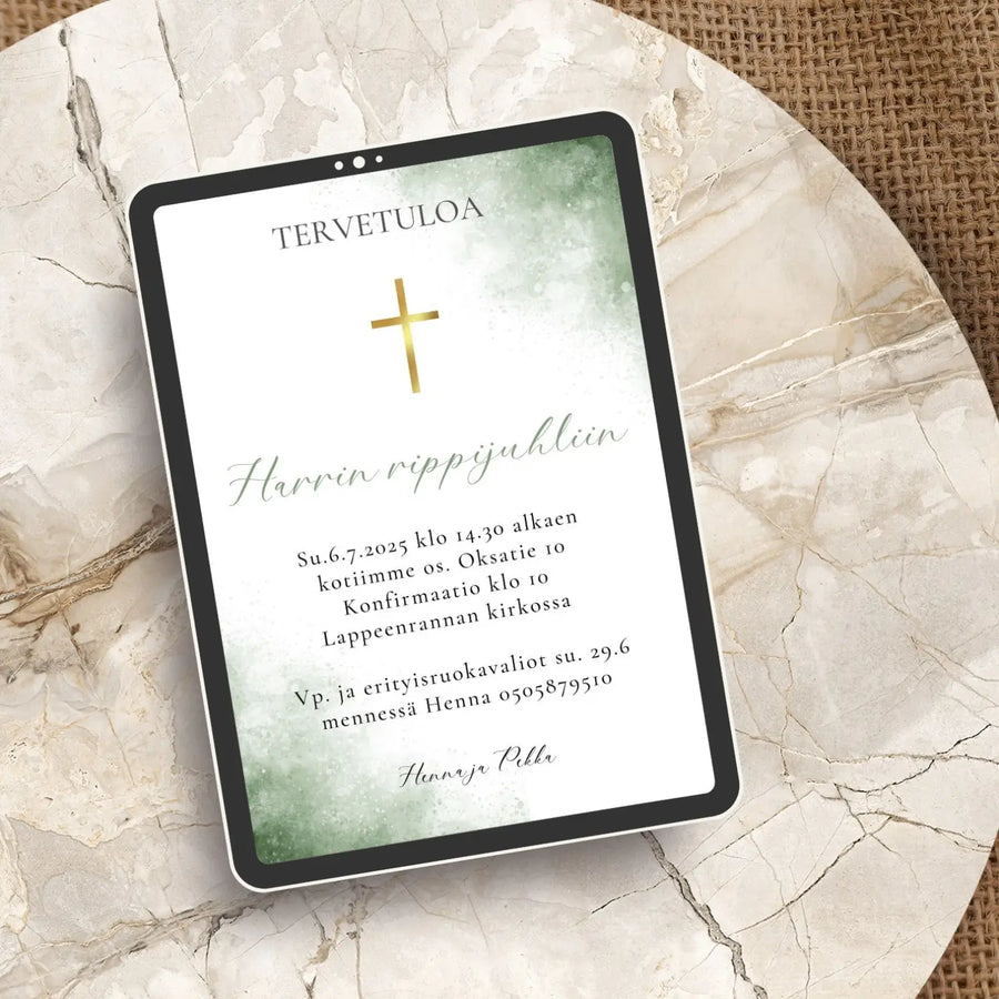 Digitaalinen kutsukortti rippijuhliin vihreä valkoinen tausta Decopaja kultainen risti