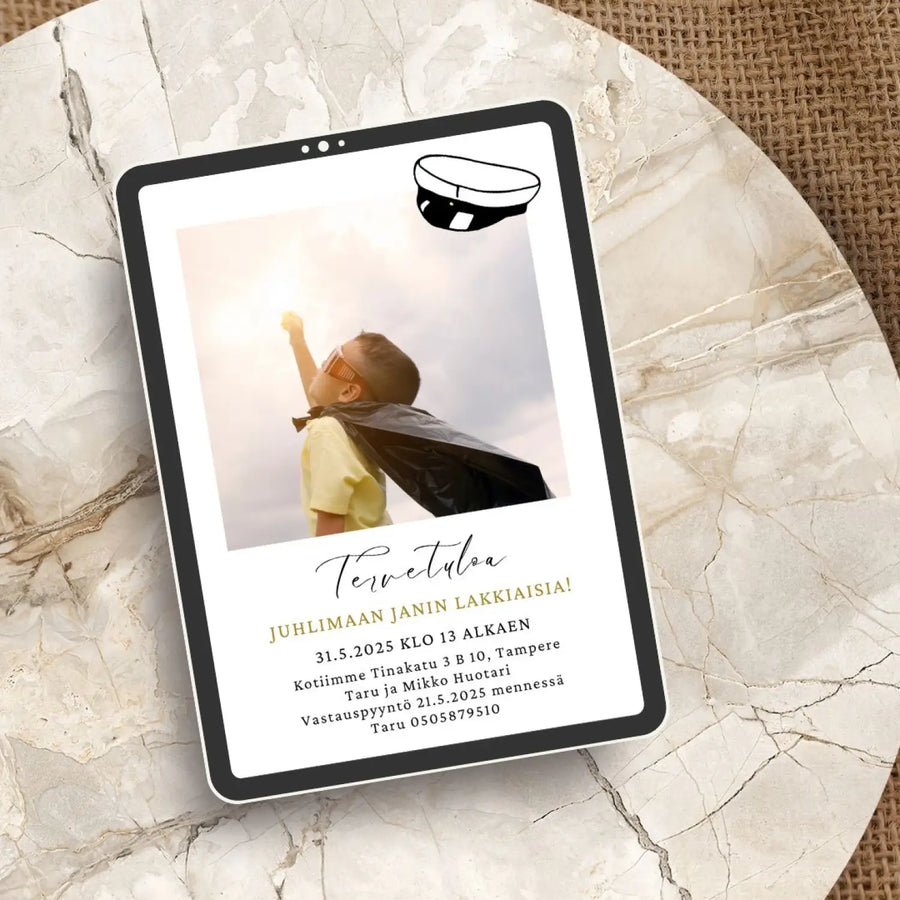 Digitaalinen ylioppilaskutsu omalla kuvalla ylioppilaslakki Decopaja