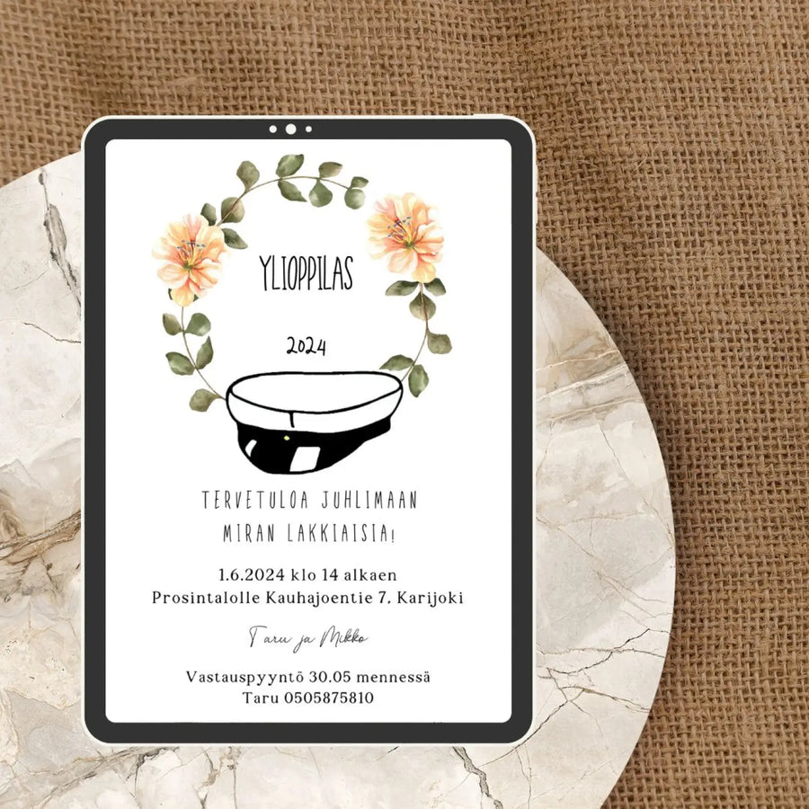 Digitaalinen ylioppilaskutsu ylioppilaslakki ja keltaisia kukkia Decopaja