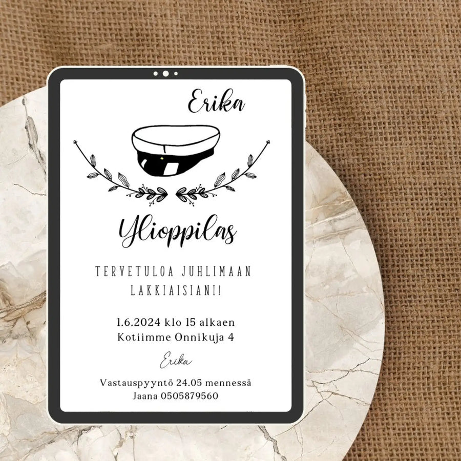 Digitaalinen ylioppilaskutsu kukkareuna Decopaja