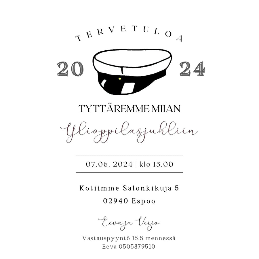 Digitaalinen kutsukortti ylioppilasjuhliin ylioppilaslakki Decopaja