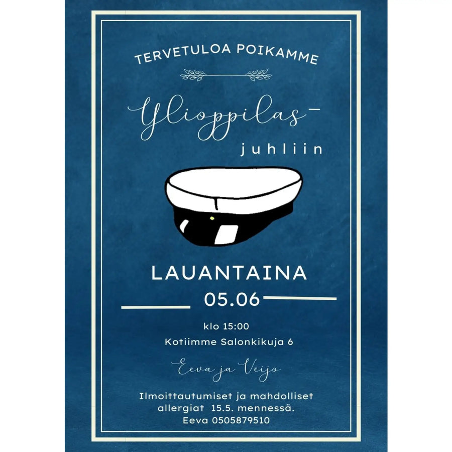 Digitaalinen ylioppilaskutsu sininen tausta Decopaja