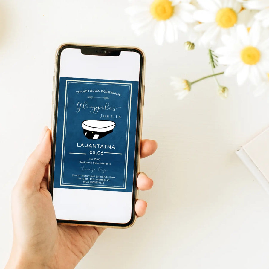 Digitaalinen ylioppilaskutsu sininen tausta Decopaja