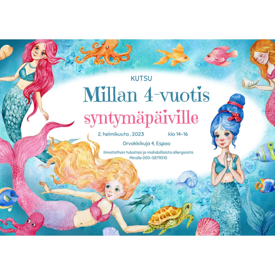 Digitaalinen lasten syntymäpäiväkutsu - merennneitoja Decopaja