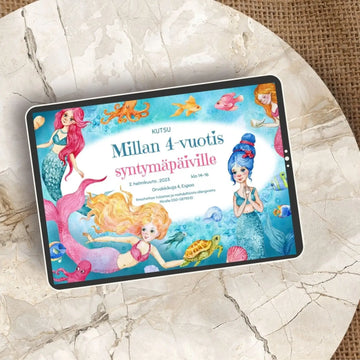 Digitaalinen lasten syntymäpäiväkutsu - MERI JA MERENNEIDOT 🧜‍♀️ Decopaja meri ja merenneidot